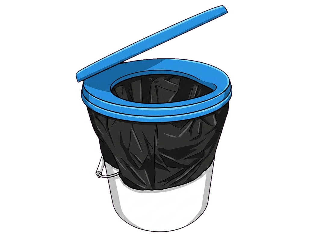 Blue toilet seat and lid snapped onto a 5 gallon bucket with a waste bag lining it