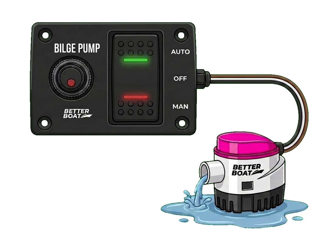 Bilge pump switch panel wired to a Better Boat auto bilge pump in the bilge