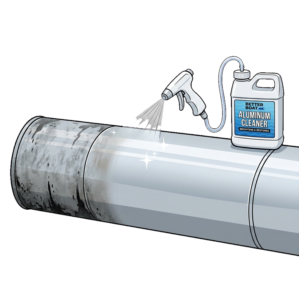 Aluminum Cleaner sprayed on a pontoon tube turning dull oxidized metal bright