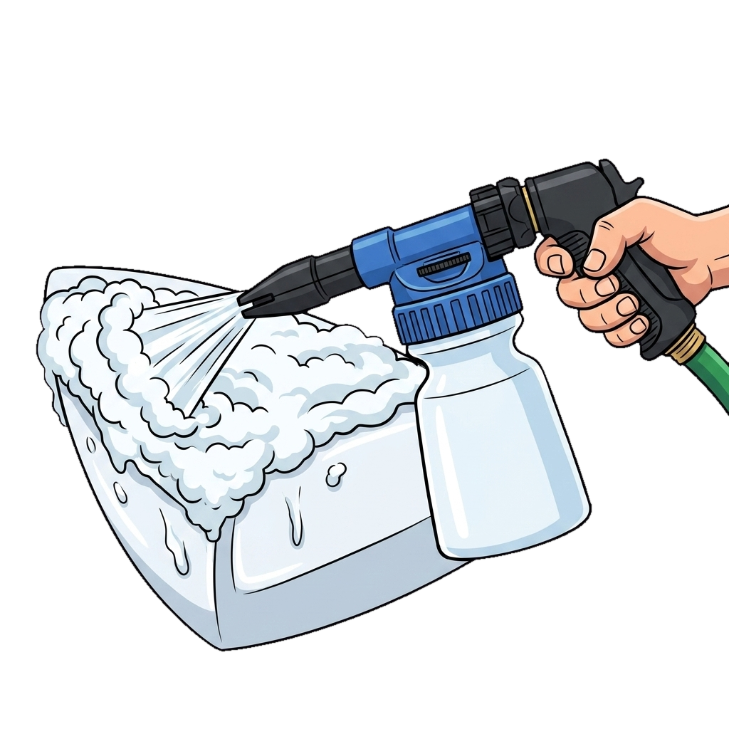 Soap foam gun blanketing a boat hull in thick clinging foam