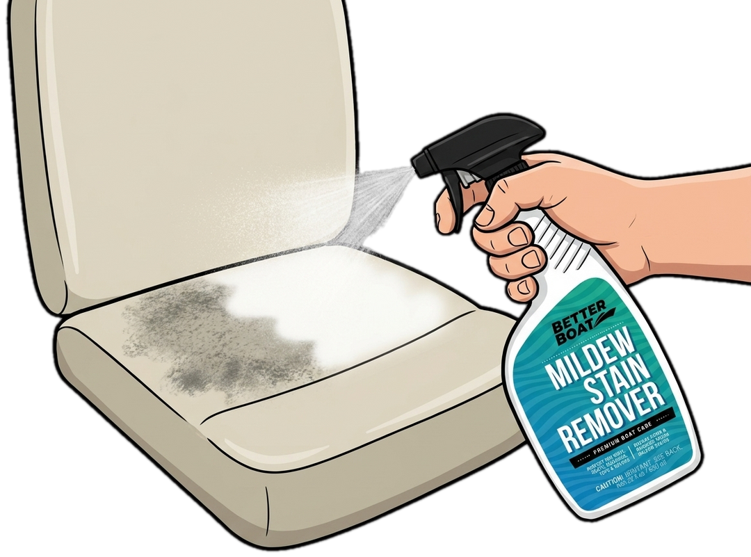 Spraying Better Boat Mildew Stain Remover on a boat seat as the mildew stain lifts clean