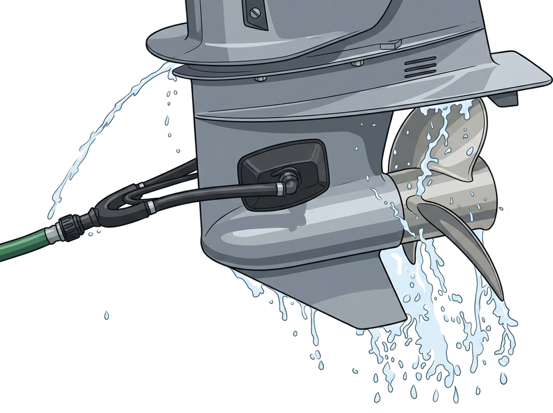 Outboard motor muffs attached to the lower unit intake, flushing with water