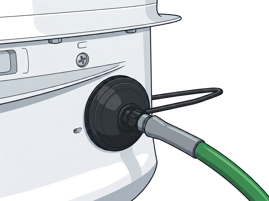 Round boat motor muff attached to the engine intake, connected to a garden hose