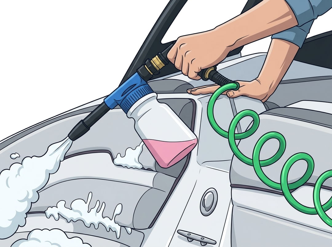 Foam gun spraying soap onto a boat hull with a coiled hose