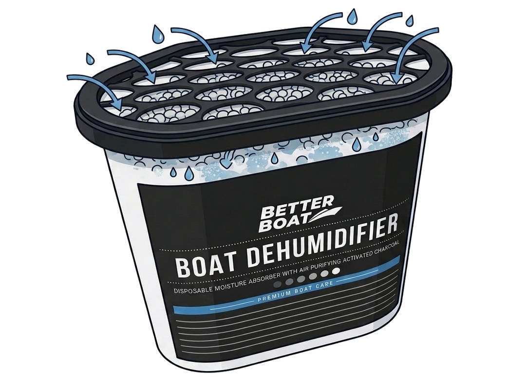 Boat dehumidifier container pulling moisture from the air through its vented lid