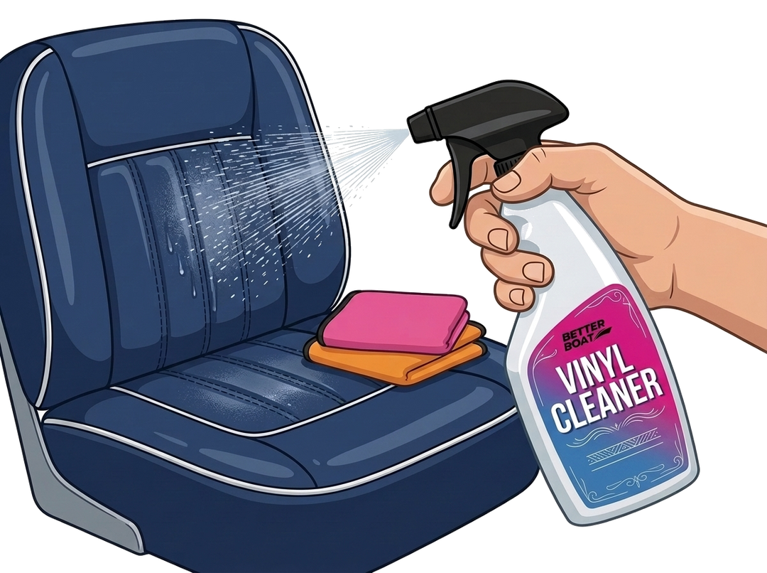Vinyl cleaner being sprayed on a boat seat cushion, with microfiber cloths and boat cleaning wipes nearby