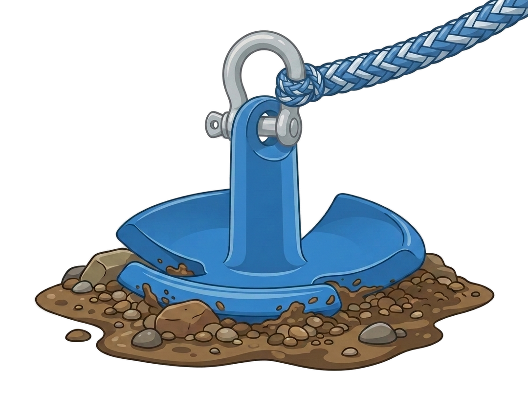 River anchor in riverbed, thick rope tied to bow shackle
