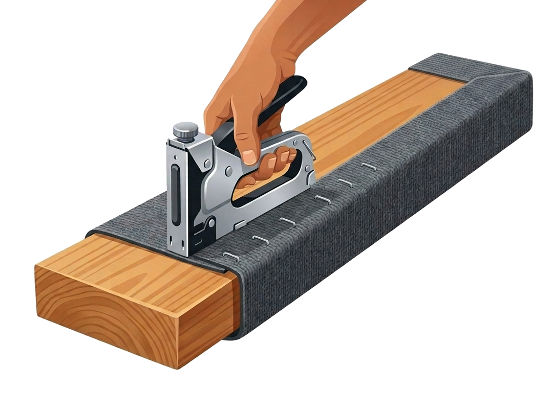 Staple gun fastening gray bunk carpet to a boat trailer bunk board with stainless steel staples
