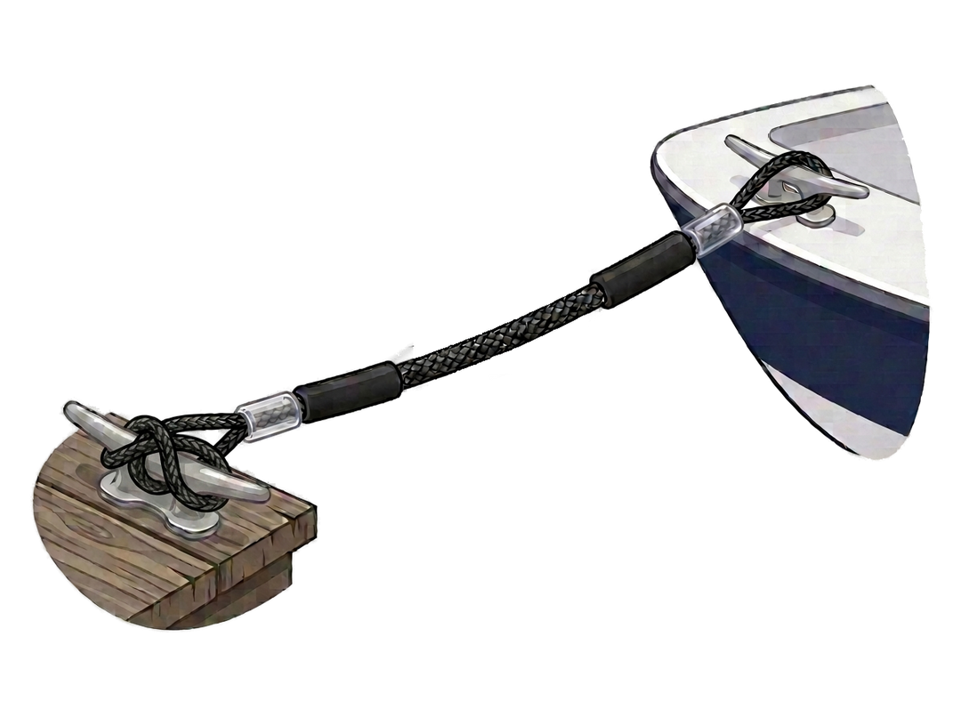 Bungee dock line wrapped around a dock cleat and tied to a boat bow cleat