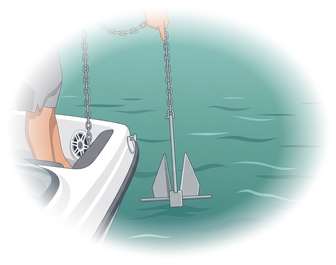 Lowering the Better Boat anchor kit's fluke anchor and chain over the bow into the water