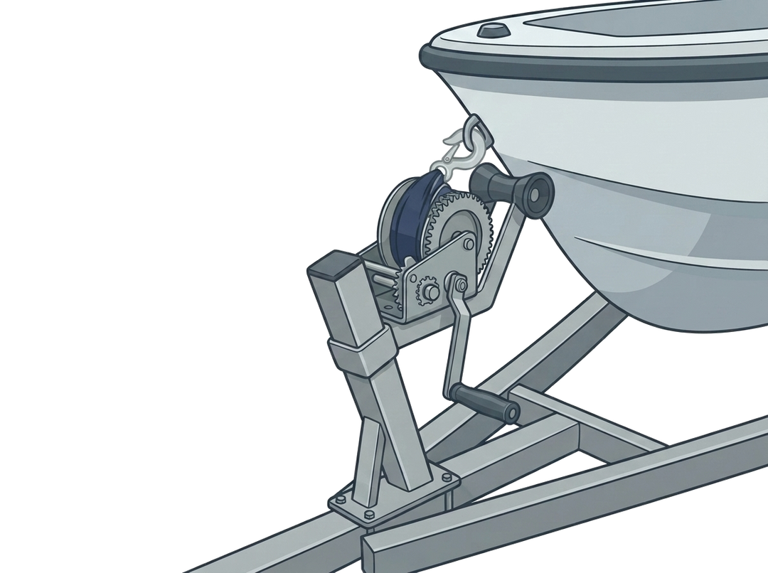 Winch strap spooled on a trailer winch drum hooked to a boat bow eye