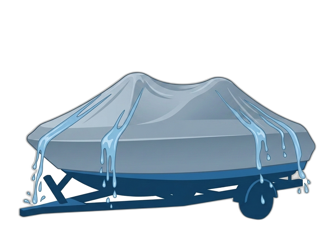 Boat under a cover lifted into peaks by support poles, rain shedding off