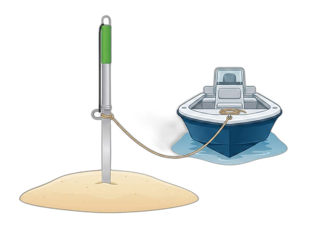 Sand Anchor Spike staked at the beach with line to a boat