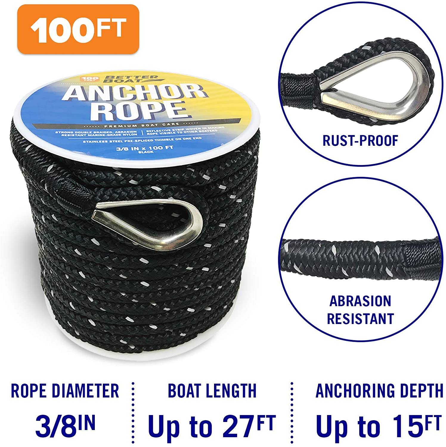 Better Boat Premium Anchor Rope Double Braided Boat Anchor Line 100 ft Black Marine Grade 3/8 Rope