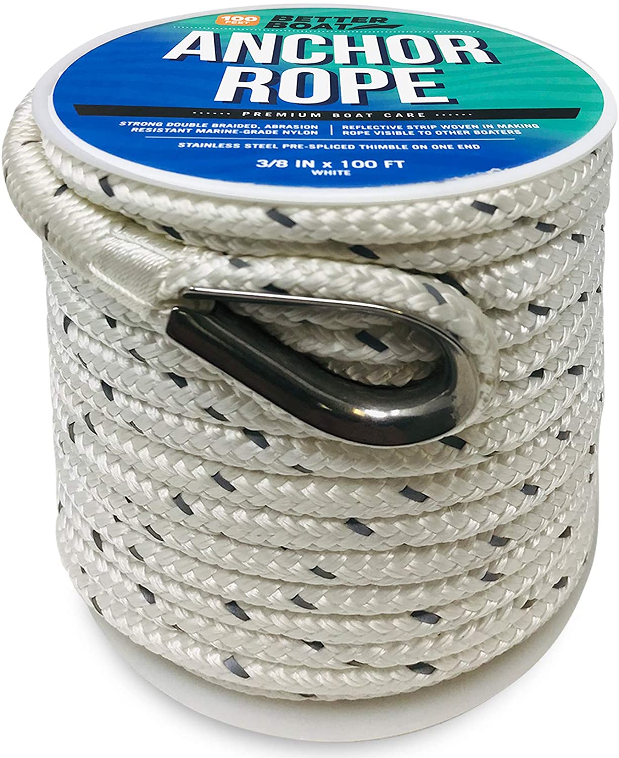 Better Boat Premium Anchor Rope Double Braided Boat Anchor Line 100 ft White Marine Grade 3/8 Rope