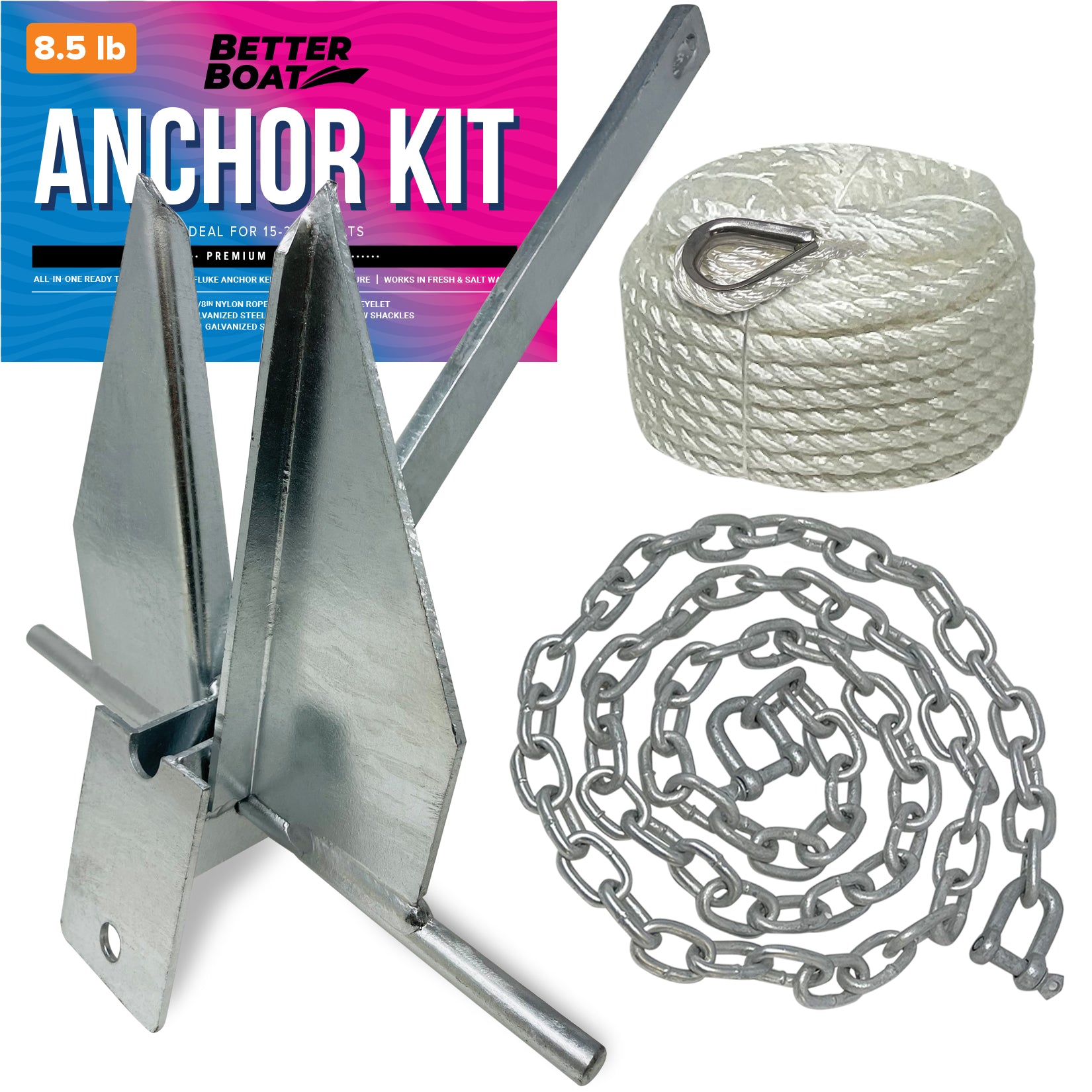 Better Boat Boat Anchor Kit Fluke Anchor with Anchor Chain and Boat Anchor Rope Set 8.5 lbs, Silver