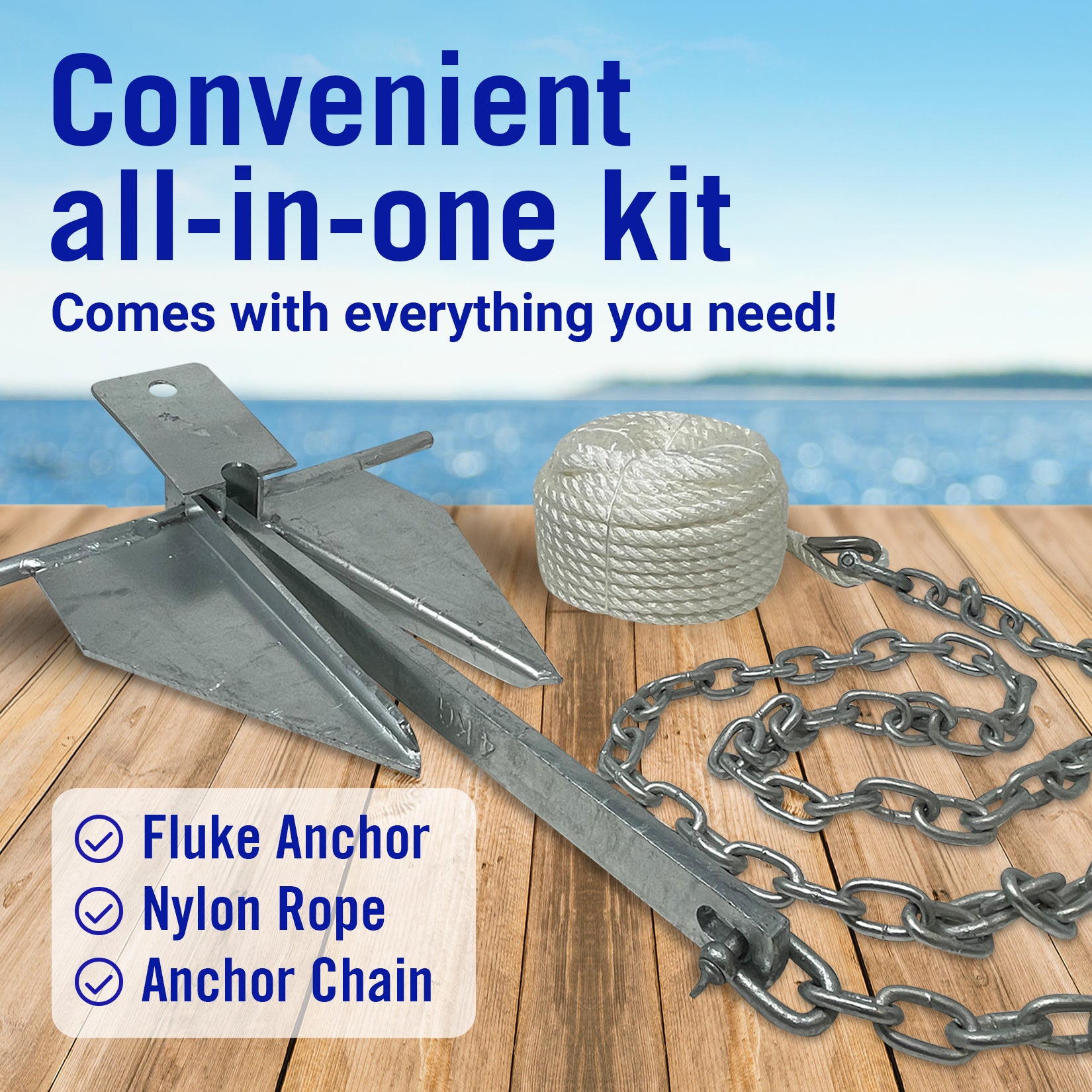 Better Boat 13lb Heavy Boat Anchor Kit Fluke Anchor with Anchor Chain and Boat Anchor Rope Set for 20' - 32' Foot Including Boat Anchors for 21' and
