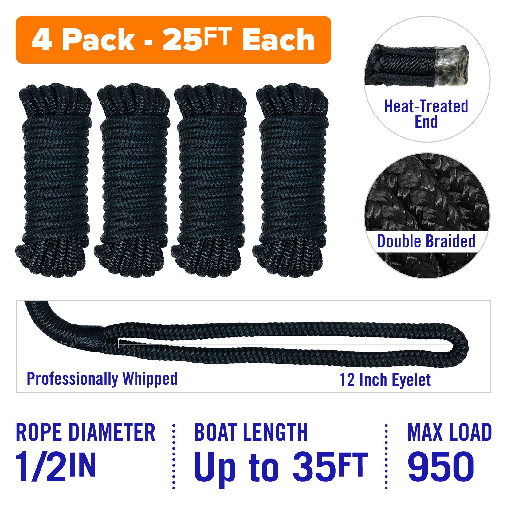 Boat Dock Lines & Rope Boat Ropes for Docking 1/2 Line Braided Mooring Marine Rope 25ft 1/2 inch Nylon Rope Boat Dock Lines for Docking Boat Lines