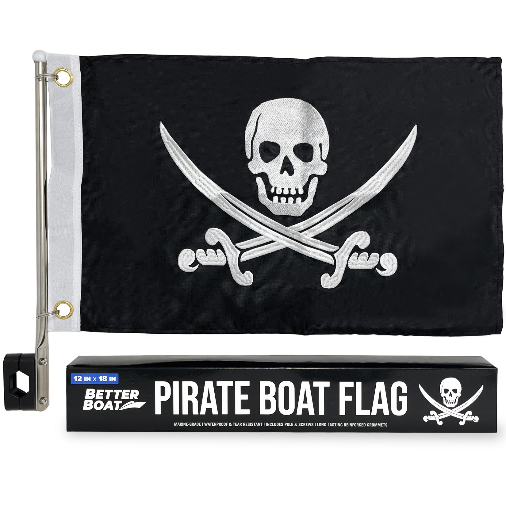 Pirate Flag for Boat Flag Pole Kit Jolly Roger Flag US 12 x 18 Small Pirates Flags Set Double Sided Marine Grade Mini Boat Flag Holder 12x18