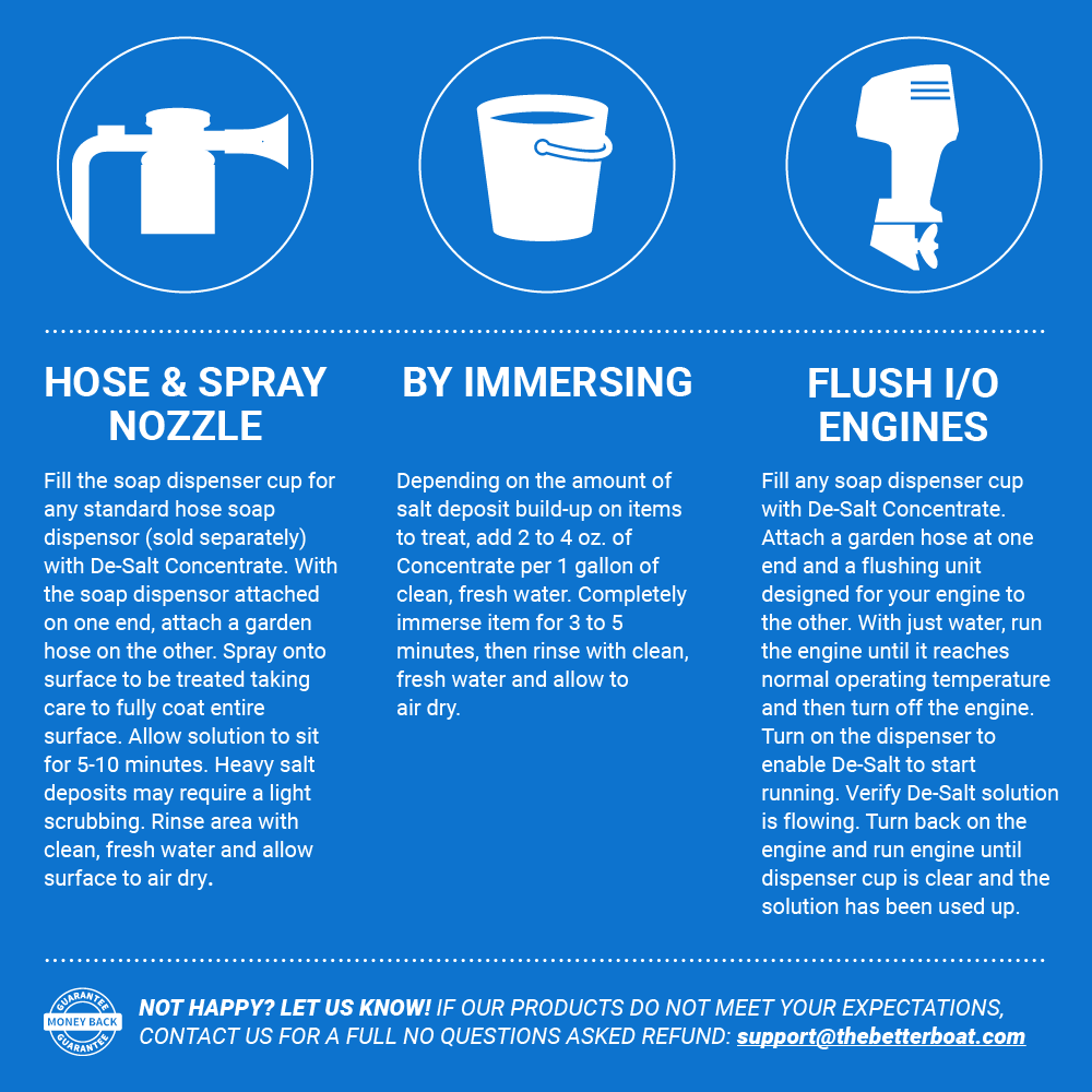 Better Boat De-Salt Concentrate Salt Remover and Flusher shown in de salt concentrate instructions for use