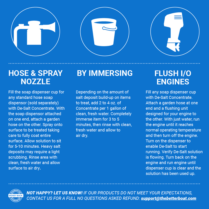 Better Boat De-Salt Concentrate Salt Remover and Flusher shown in de salt concentrate instructions for use