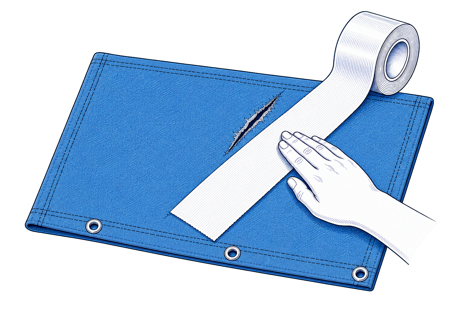 Illustration of fabric repair tape sealing a tear in a boat cover