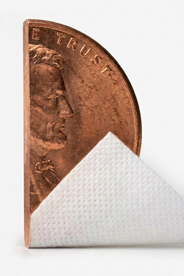 Half a penny standing next to a single sheet of Better Boat toilet paper